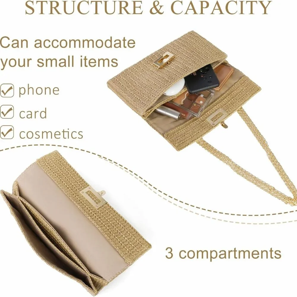 Straw Clutch Purses Women Summer Beach Handbags Boho Woven Envelope Wallet Fold - Picture 4 of 7